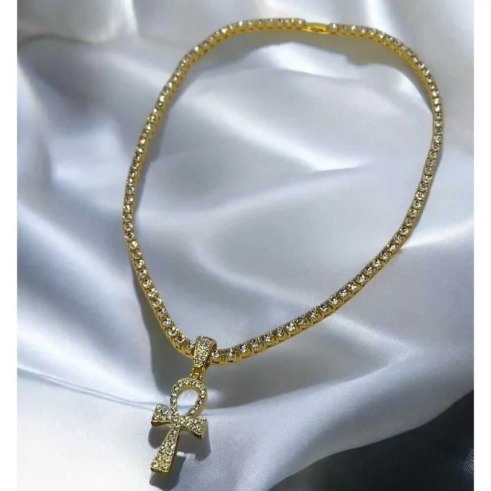 Gold Tone Ahnk Cross Tennis Pendant Necklace 23” Crystal Men's Faith Fashion NEW